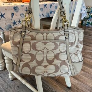 Coach Alexandra Beige Logo Canvas Chain Double Handle Shoulder Tote